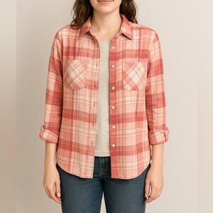 M Sanctuary Plaid Linen Gauze Tomboy Coral Pink Button Roll Cuff Shirt Women’s‎